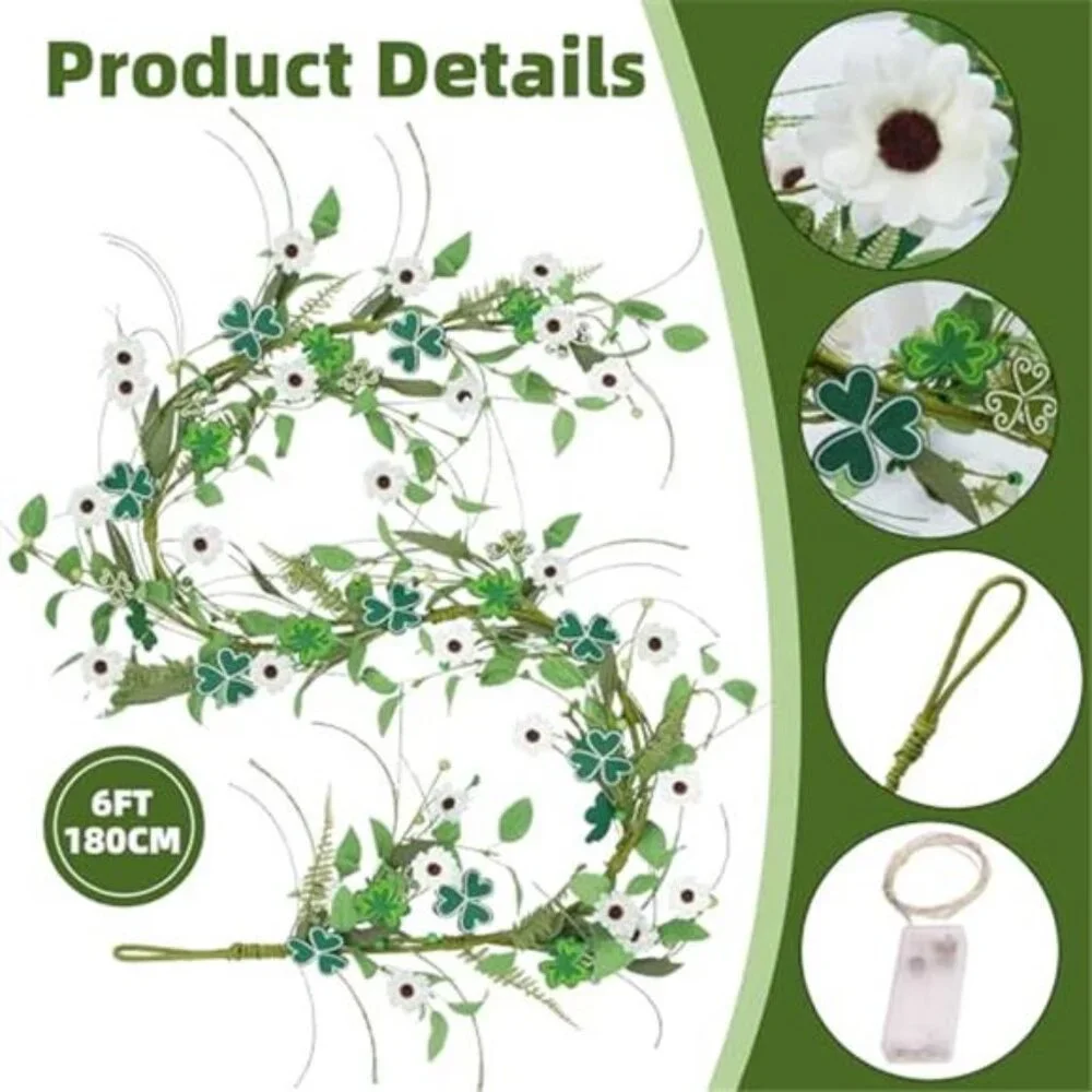 6 Ft St Patrick's Day Garland with Lights St Patricks Day Decorations, Shamrock